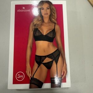Obsessive Women's 3 Pieces set Bra, Garter Belt, Thong Black Size XS/S